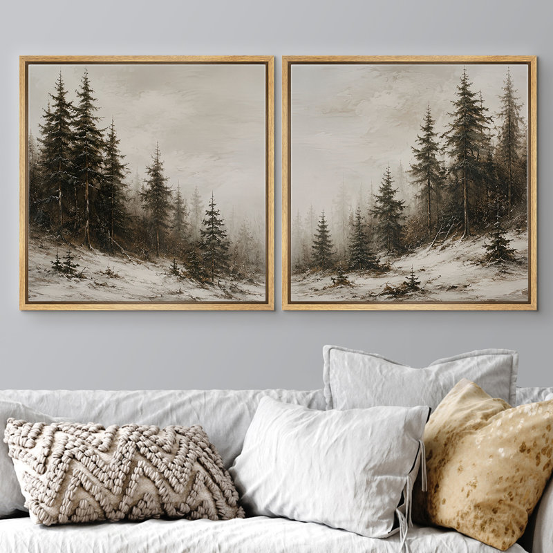 Ensemble de 2 reproductions d'art sur toile encadrées de neige, H 16 po x l 16 po x P 1,5 po, Encadré naturel