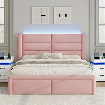 Faux Leather Upholstered Bed Frame with Headboard + 2-Drawer Nightstand with Charging Station, USB Ports & Outlets, Complete 3-Piece Bedroom Set