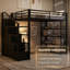 Grand lit mezzanine en métal avec rangement, tablettes, armoires et garde-robe