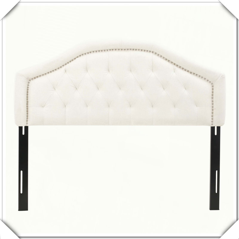Tufted Upholstered Headboard Metal Legs Nailhead Trim,Queen, Ivory