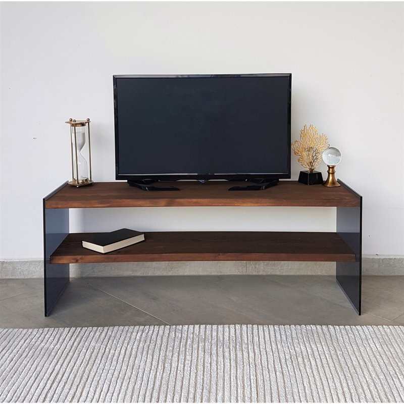 Modern TV Stand with Tempered Glass Frame, Walnut Finish, 47.2 x 17.7 x 13.8 inches | 100% Pine Solid Wood, 0.3 inches Thickness | Versatile Shelves, Wall-Mountable, Stylish Industrial Design for Living Room