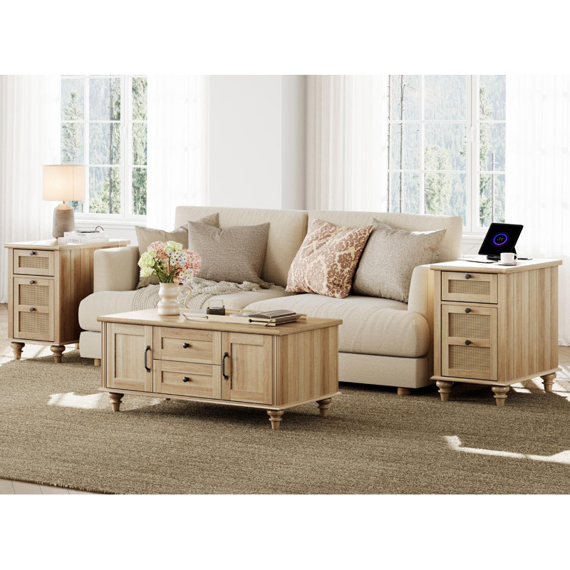 Scarlett 3 Piece Living Room Table Set - Including One Coffee Table & Two Rattan Side Tables, Oak
