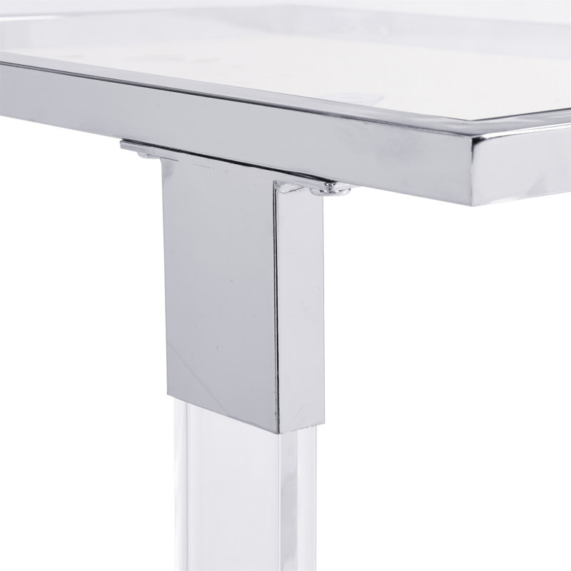 Acrylic Sofa Table, Glass Top C Shape Square Table with Metal Base, Chrome