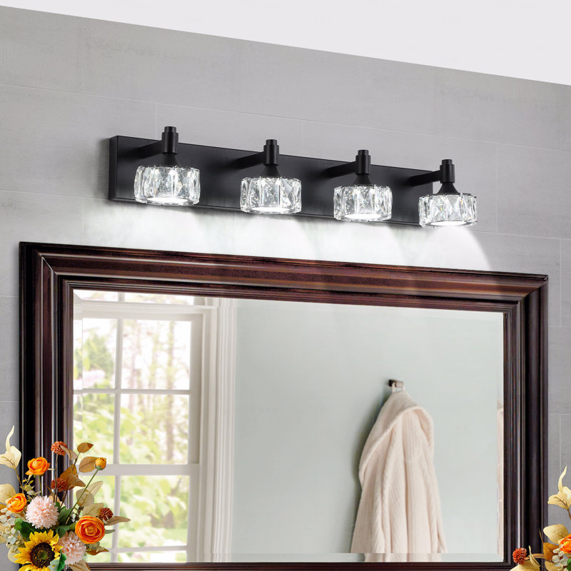Configuration moderne à 4 lumières de style moderne en métal noir avec fonction de lumière DEL Luminaire de meuble-lavabo avec abat-jour en cristal, pour applique murale dans la salle de bain