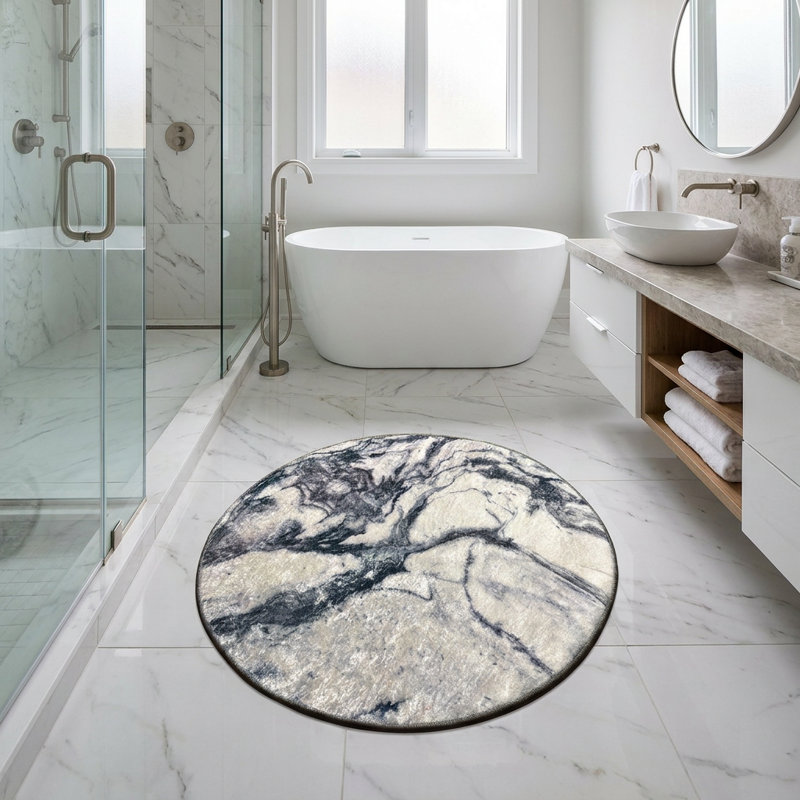 Dramatic Marble Vein Round Bath Rug