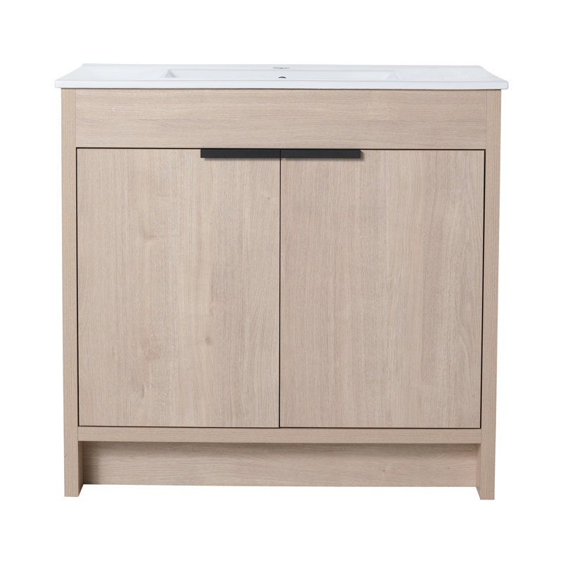 Meuble-lavabo sur pied 36 po, chêne uni, 2 portes d'armoire, tablette réglable, poignée en métal