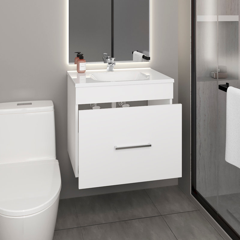 Hatta Floating Bathroom Vanity with One Wide Drawer and Resin Sink, Modern Wall-Mounted Bathroom Storage and Sink, White