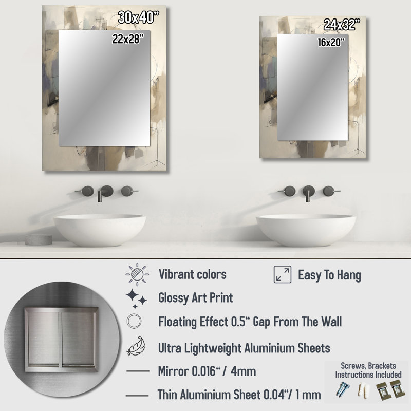 Mélange géométrique gris beige II - miroir décoratif minimaliste, miroir mural gris, impression d'art en métal, 32 po x 24 po