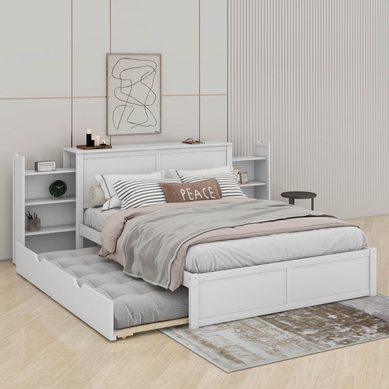 Grand lit plateforme avec rangement gigogne et tablettes coulissantes, Blanc