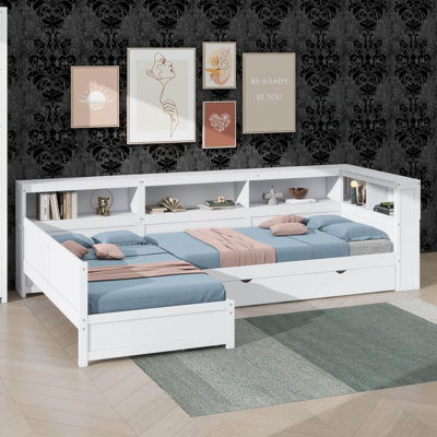 Twin-Sized L-Shaped Bed Frame With Trundle And Single Drawer
