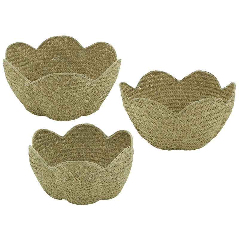 Scalloped Seagrass Storage Baskets (Set of 3) – Handwoven Natural Fiber Bowls for Shelves, Countertops & Decorative Organization
