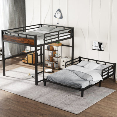 Lit superposé au dessus d'un grand lit en métal avec conversion Loft - séparable en lit mezzanine et lit simple, garde-corps surélevé