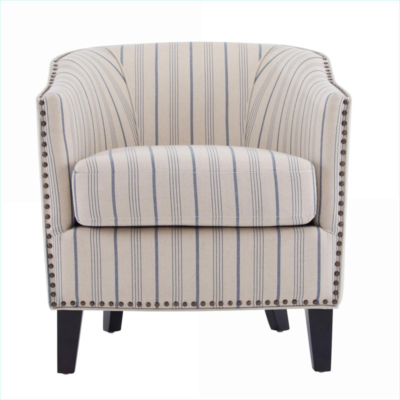 Fabric Upholstered Compact Barrel Accent Chair for Small Spaces, Solid Wood Frame Blue Finish