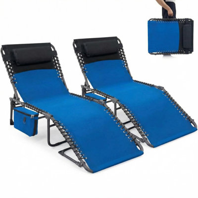 Folding Tanning Chairs Set of 2 – Adjustable Reclining Chaise Lounge with Pillow & Side Pocket – Portable Steel Beach Chair for Pool, Patio, Camping & Backyard, Blue