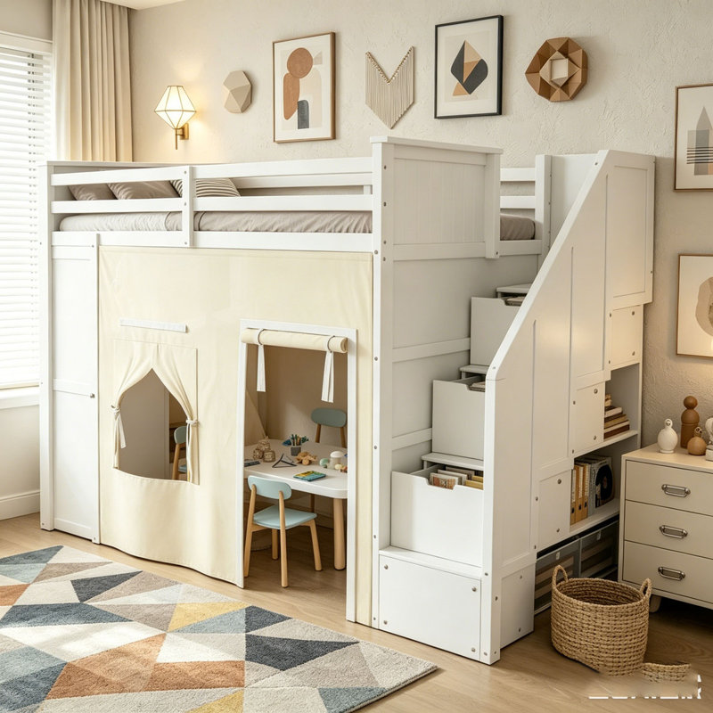Lit mezzanine simple avec bureau, tiroirs et escalier de rangement