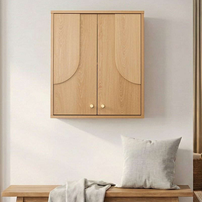 Armoire de rangement murale arquée de 21 po de largeur japonaise 21 po, organisateur de salle de bain 2 portes avec charnières à fermeture en douceur et tablette réglable, chêne naturel