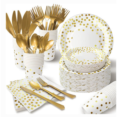 175PCS Disposable Dinnerware for 25 Guests,White Gold Dot Paper Plates Set