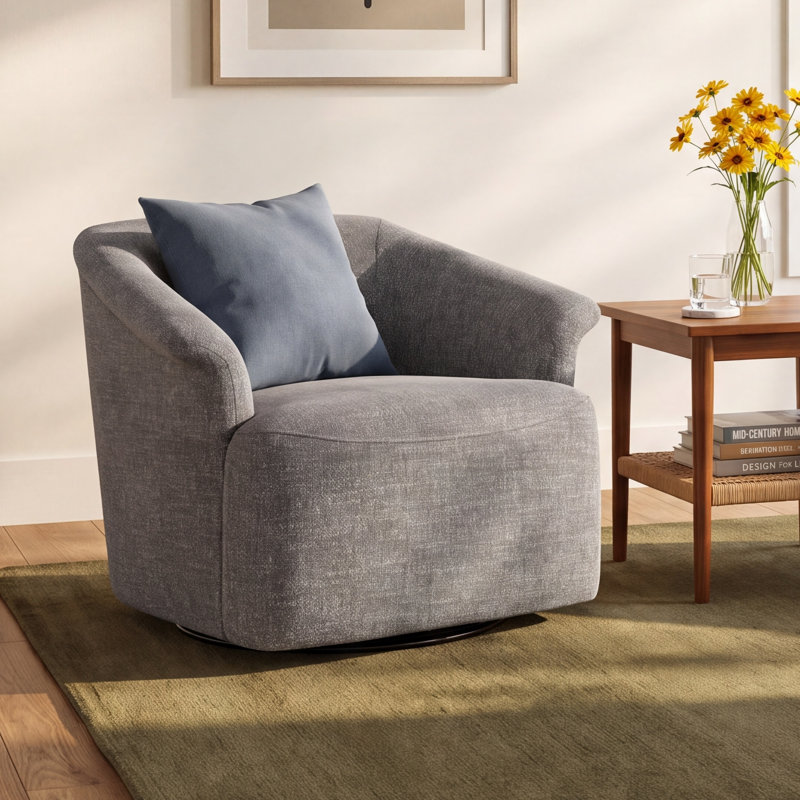 Morgana 35'' Wide Swivel Barrel Chair, Magnolia Light Grey Tweed
