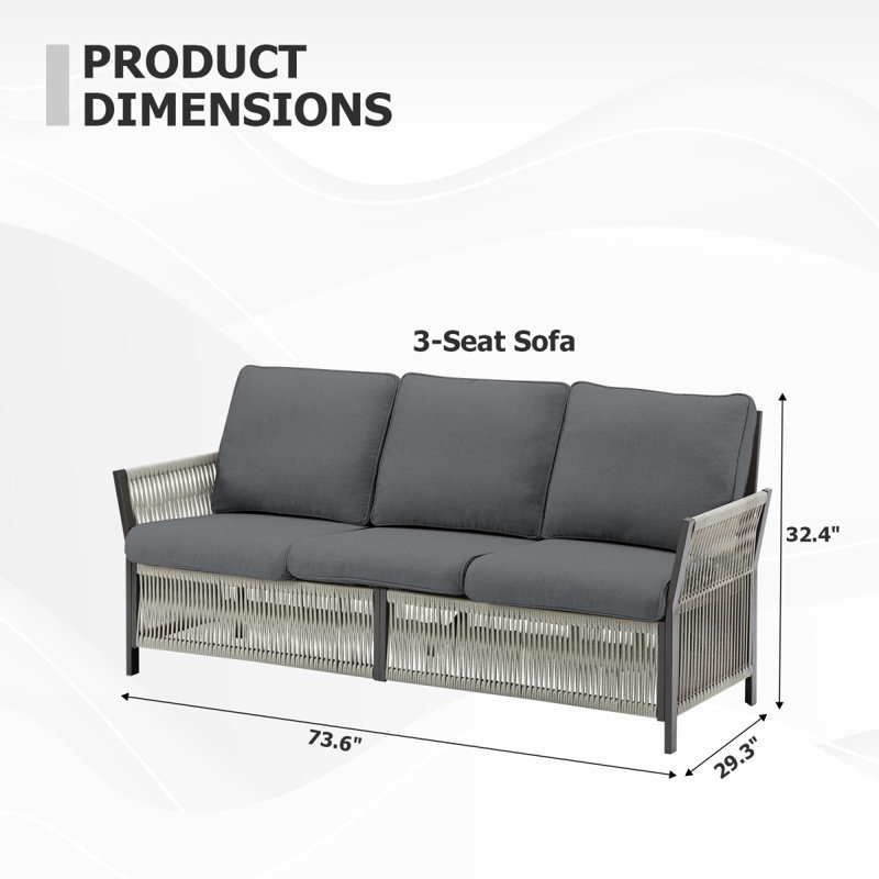 Canapé d'extérieur 73,6 ", canapé en rotin 3 places avec coussins gris, idéal pour le balcon ou le porche