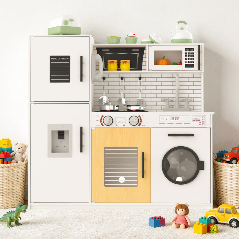 Wooden Kids Kitchen Playset with Lights & Sounds, 27-Piece Pretend Play Kitchen Set, ASTM & CPSIA Certified Wooden Toy Kitchen for Toddlers, Role Play Cooking Toy for Boys & Girls