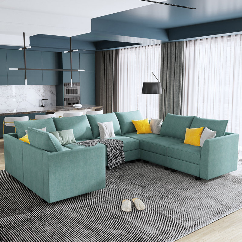 U-Shaped Corner Modular Upholstered Sectional Sofa with Storage Seat, Blue Polyester