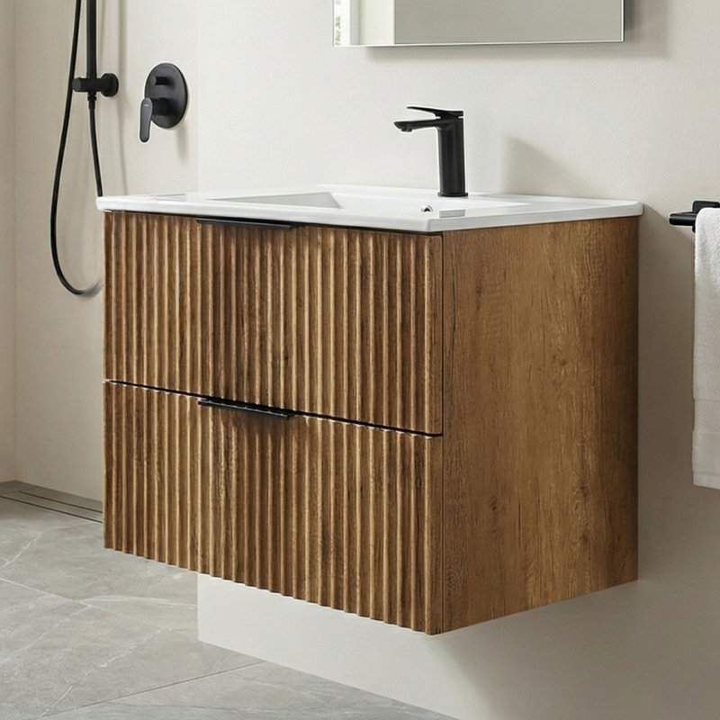 Base de meuble-lavabo mural flottant 30 po, panneau de grille sculpté 3D, grands tiroirs double couche (lavabo non inclus)