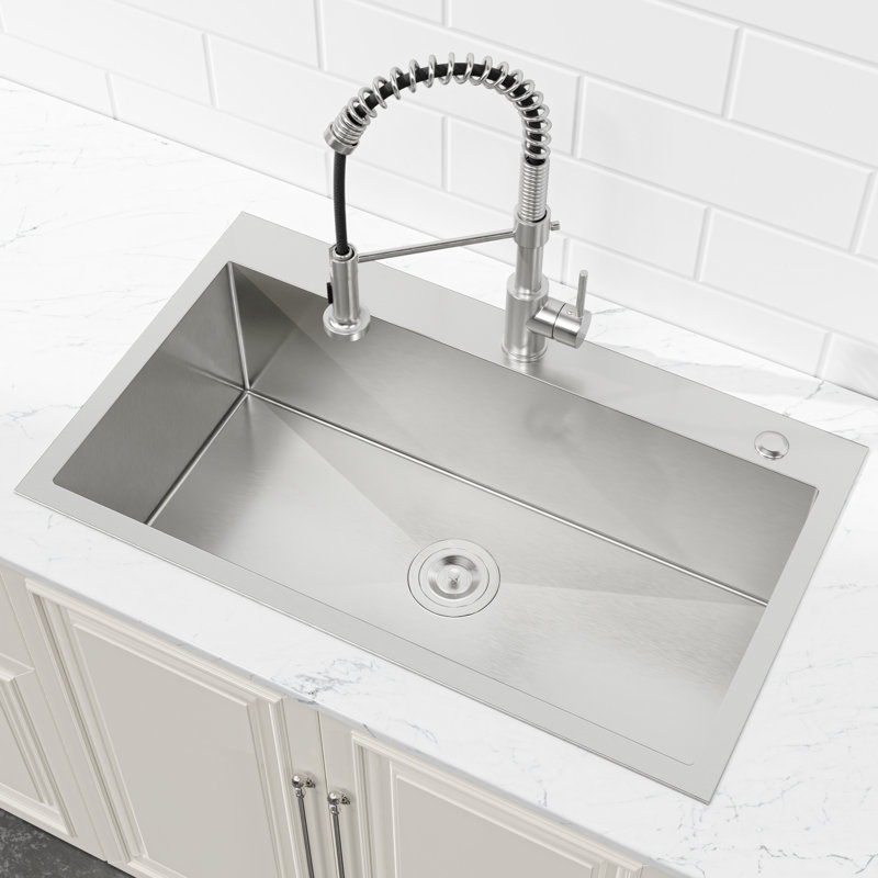 32"x19" Brushed Nickel Drop-In Kitchen Sink – Single Bowl 16 Gauge Stainless Steel Topmount Sink with US Drain & Hooks