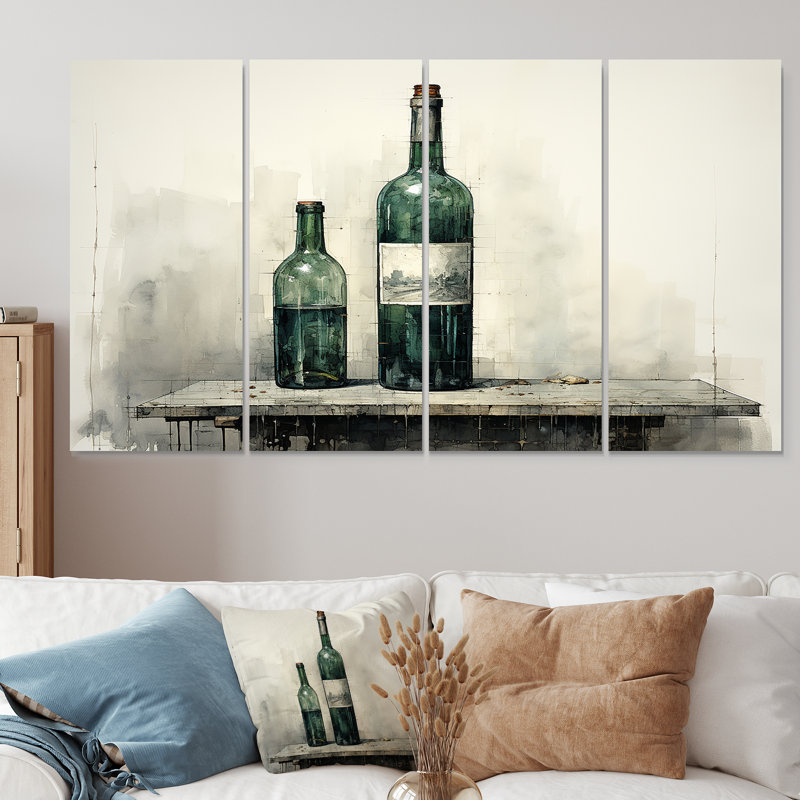 «Green Minimalist Wine Bottles Silhouette II», ensemble de 4 décorations murales, H 28 po x l 48 po
