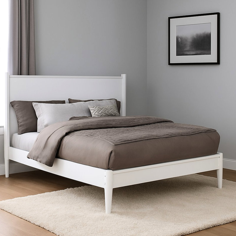 Lit plateforme blanc de style Mid-Century moderne blanc, sans sommier, pieds arrondis et fuselés, construction, base à lattes pour le soutien du matelas et pratique de la chambre à coucher, bois massif et bois d'ingénierie, esthétique confortable