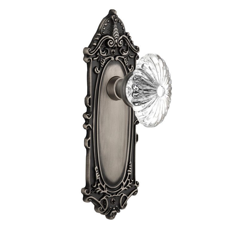 Victorian Plate with Oval Fluted Crystal Door Knob, Antique Pewter, 2-3/4"