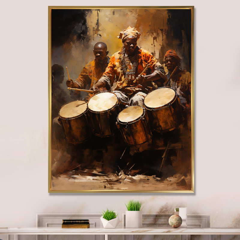Drame traditionnel africain II sur toile, Cadre flottant doré, H 44 po x l 34 po x P 1,5 po