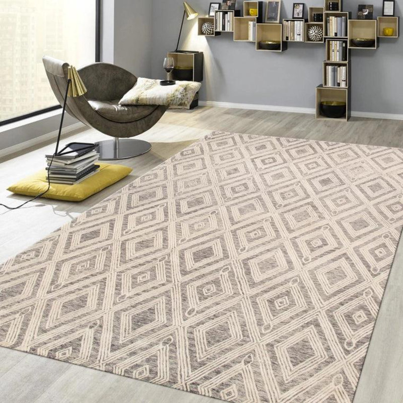 Ivory and Silver Geometric Hand-Tufted Wool Rug