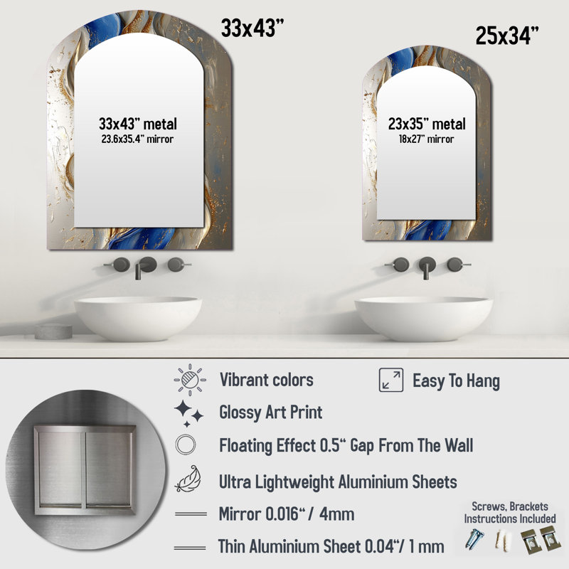 Rhythmic Golden Ink Waves Fusion II - Maze Arch Large Wall Mirror, Gold Asymmetrical Decorative Mirror, Printed Metal Art