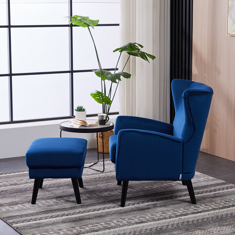 Upholstered Wingback Chair with Footstool, Blue Velvet