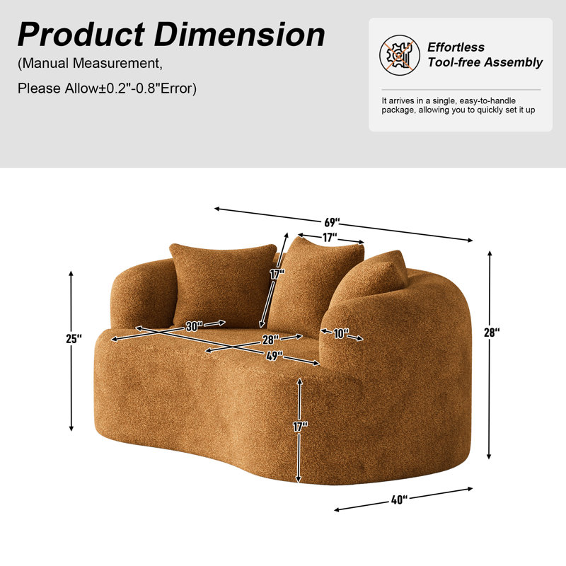 Canapé incurvé désossé en mousse à haute densité et sans assemblage requis, Orange, H 24,8 po x l 68,5 po x P 39,4 po, 2