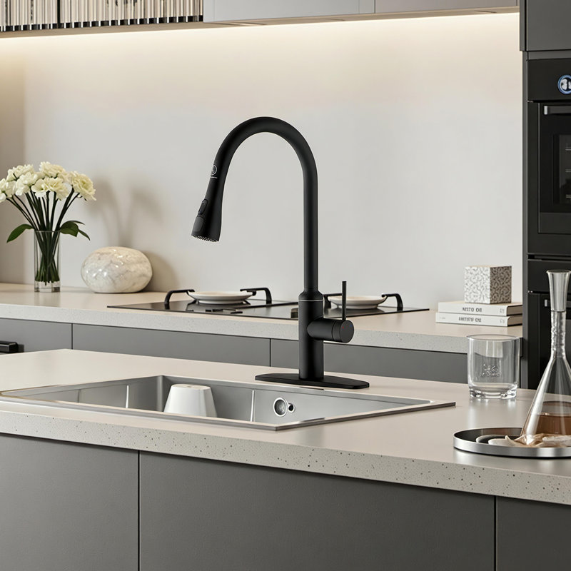 Robinet de cuisine rétractable avec capteur tactile et plaque de pont, Noir mat