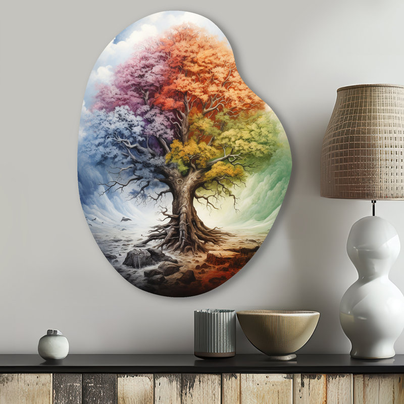 Arbre de vie toutes saisons I - paysage d'arbres en forme de poire, art mural en métal asymétrique, H 30 po x l 22 po
