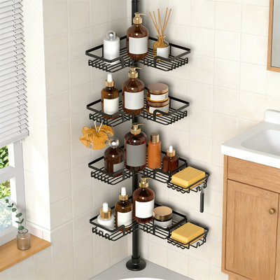 4 Tier Storage Shelves With 2 Soap Holders，Tension Pole Shower Caddy  Adjustable Floor To Ceiling Shower Organizer, Standing Shower Tension Rod Shelves