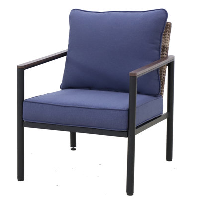 Outdoor Patio Metal Frame Wicker Backrest Wood Grain Armrest Dining Chair with Cushions