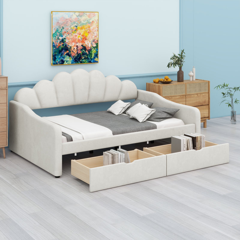 Lit de jour rembourré avec dossier élégant en forme de coquillage et tiroirs de rangement intégrés, Beige