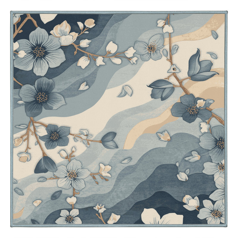 Machine Washable Pascasio Cherry Blossom Petals Traditional Floral Rug in Beige – SkyBlue Binding, 5' Square