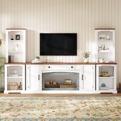 3-Piece TV Stand Set With Curved Side Cabinets For Tvs Up To 70", Farmhouse Entertainment Center With Bookshelves, Stylish Walnut Sideboard With Drawer, Adjustable Shelves, For Living Room, White