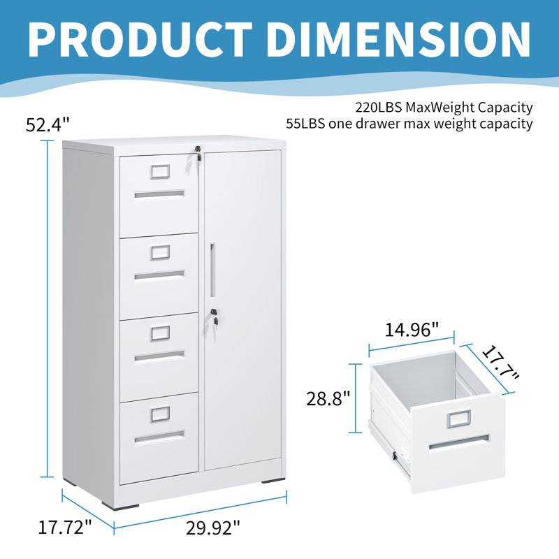 White Vertical 4-Drawer Lockable Metal Filing Cabinet
