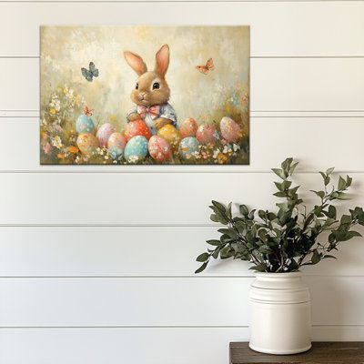 Reproduction d'art de lapin de Pâques vintage GUTTATY, peinture décorative printanière avec œufs colorés, toile de lapin de la nature, reproduction pastorale charmante de Pâques pour salon ou chambre à coucher, 12 po x 16 po