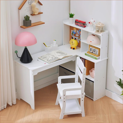Kids Desk And Chair Set, Kids Corner Desk, Kids Study Table With Bookshelf, Cloth Drawer And Bulletin Board For Boys And Girls