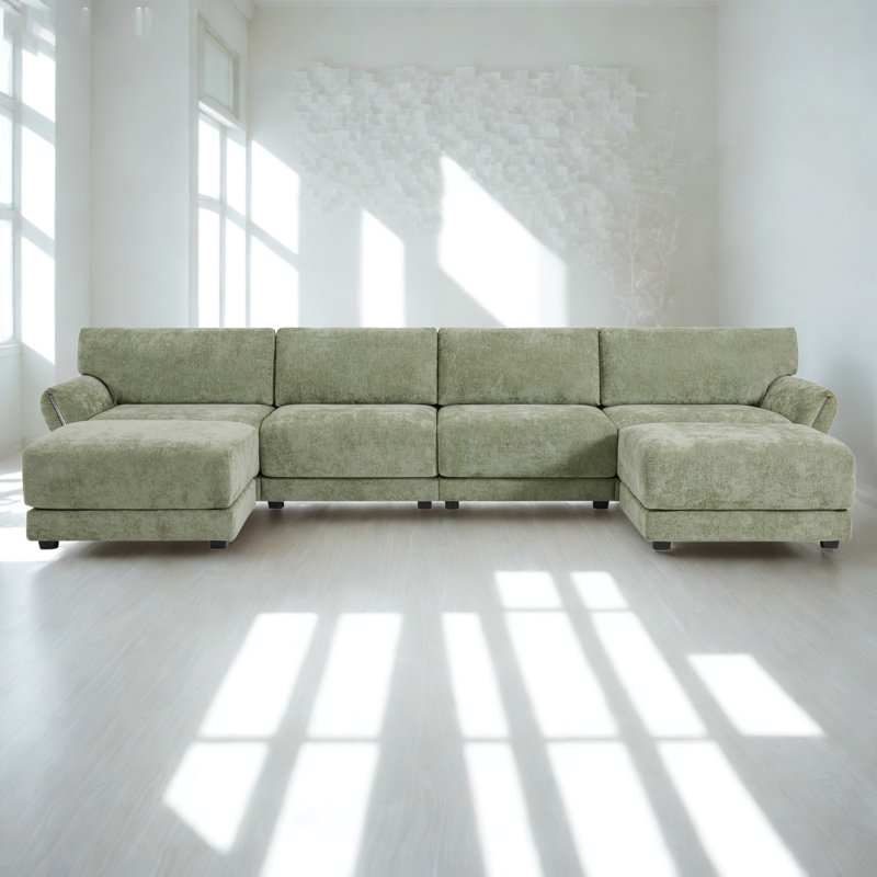 Canapé modulaire de 142 po, forme de U avec coussin de siège extra large, chargeur USB et de type C, conception d'accoudoir pétale, mousse haute densité, repose-pieds à mouvement libre, structure en bois, chenille, 6 places, couleur verte