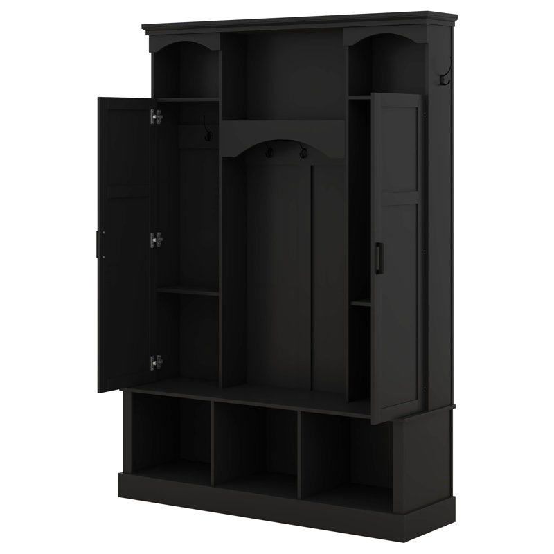 55.1" Wide Hall Tree With Bench And Adjustable Shelves, Classic Arched Entryway Organizer With Dual Side Cabinets, 7 Hooks