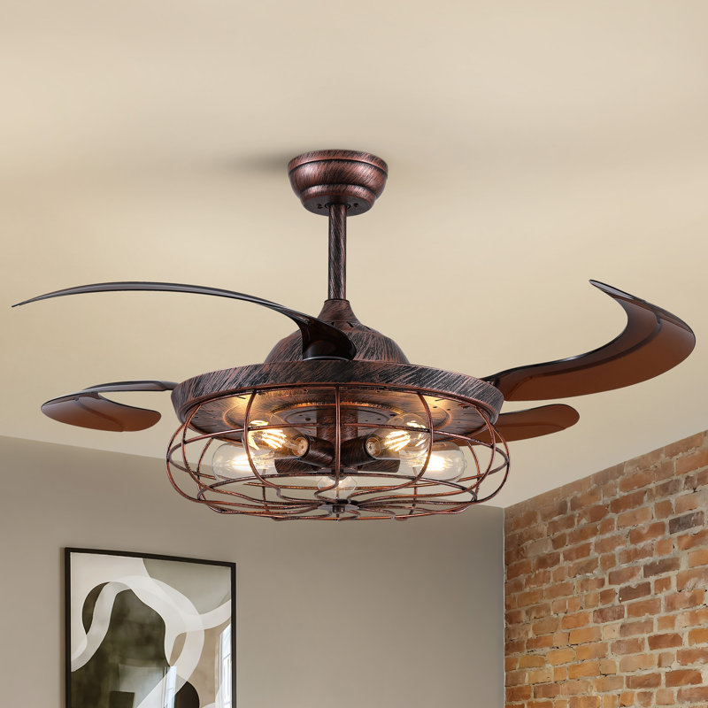 Ventilateur de plafond à pales rétractables 48 po avec télécommande et ensemble d'éclairage inclus Caronni, Brun