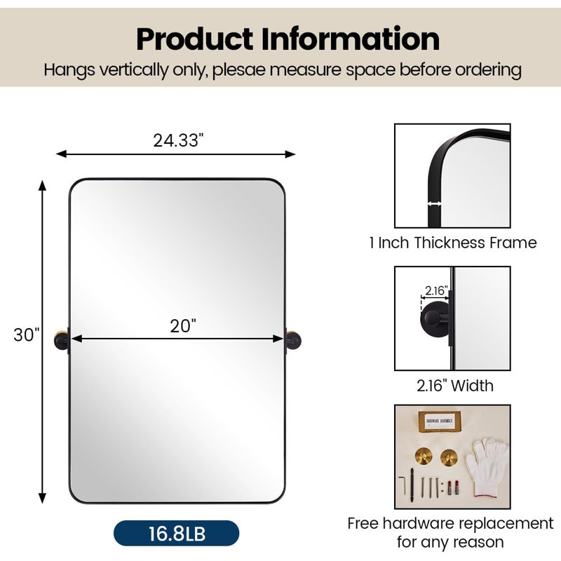 Miroir de salle de bain mural moderne inclinable | Cadre pivotant en acier inoxydable, Noir mat, 30 po x 20 po