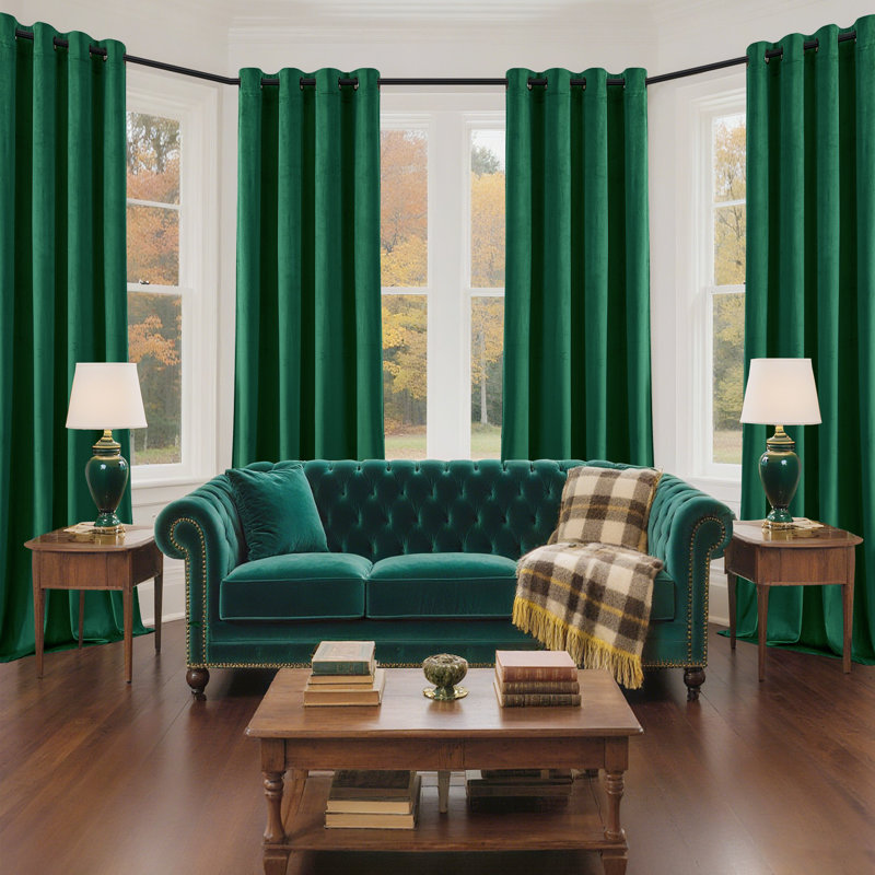 4Pcs Velvet Solid Color Metal Grommets Room Darkening Curtain Panels (Set of 4), 52" W x 108" L, Dark Green